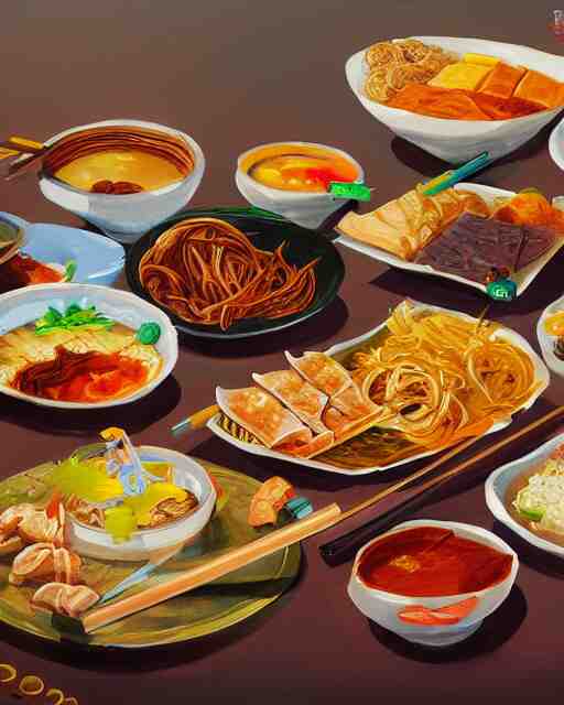 a painting of a table full of korean foods, concept art by taro yamamoto, pixiv contest winner, auto - destructive art, official art, concept art, pixiv 