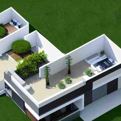 isometric view, render of a beautiful modern home designed for aesthetics, energy efficiency and maximizing plants and greenery, cg render, high resolution, professional 