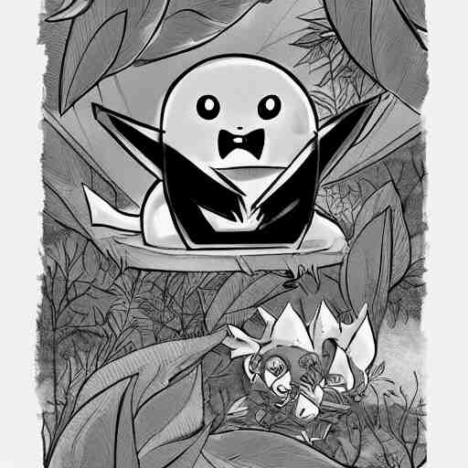 dark, cute, grayscale, void living'leaves bush'creature, bright eyes, pokemon, hayao miyazaki, digital illustration, clipart, cartoon 