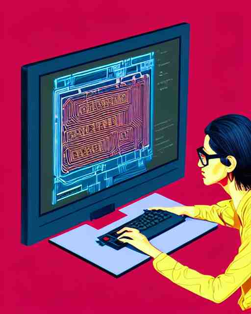 richly detailed color illustration of a nerd-using-a-computer-to-crack-the-code surrounded by technology illustrated by Artgerm and Mina Petrovic and Timothy Kong and Marina Federovna. 3D shadowing