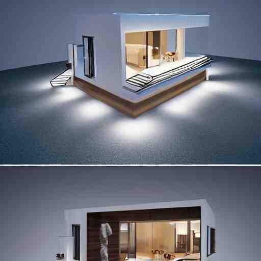 crystal ball with mini modern house with led strip lights inside it, octane render hyperdetailed, 