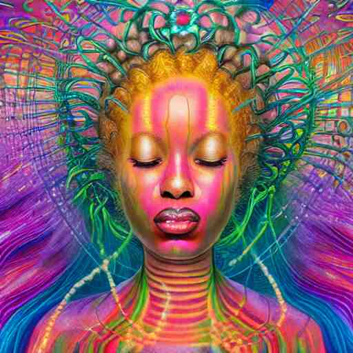 an extremely regal african queen with colorful dreadlocks and a glowing opal!!! in the center of her forehead, meditating in a magic mushroom zen garden, rainbow nebula clouds, by alex grey and afarin sajedi and amanda sage and android jones and agostino arrivabene and wayne barlowe in a psychedelic portrait style, surreal, afofuturism, afropunk, black art, ultrarealistic, rendered in cinema 4 d, volumetric lighting lighting, digital illustration, chakra, highly detailed, elegant, extremely ornate, fractal!, extremely symmetrical!!, highly detailed face, wide angle dynamic portrait, 8 k, hd. 