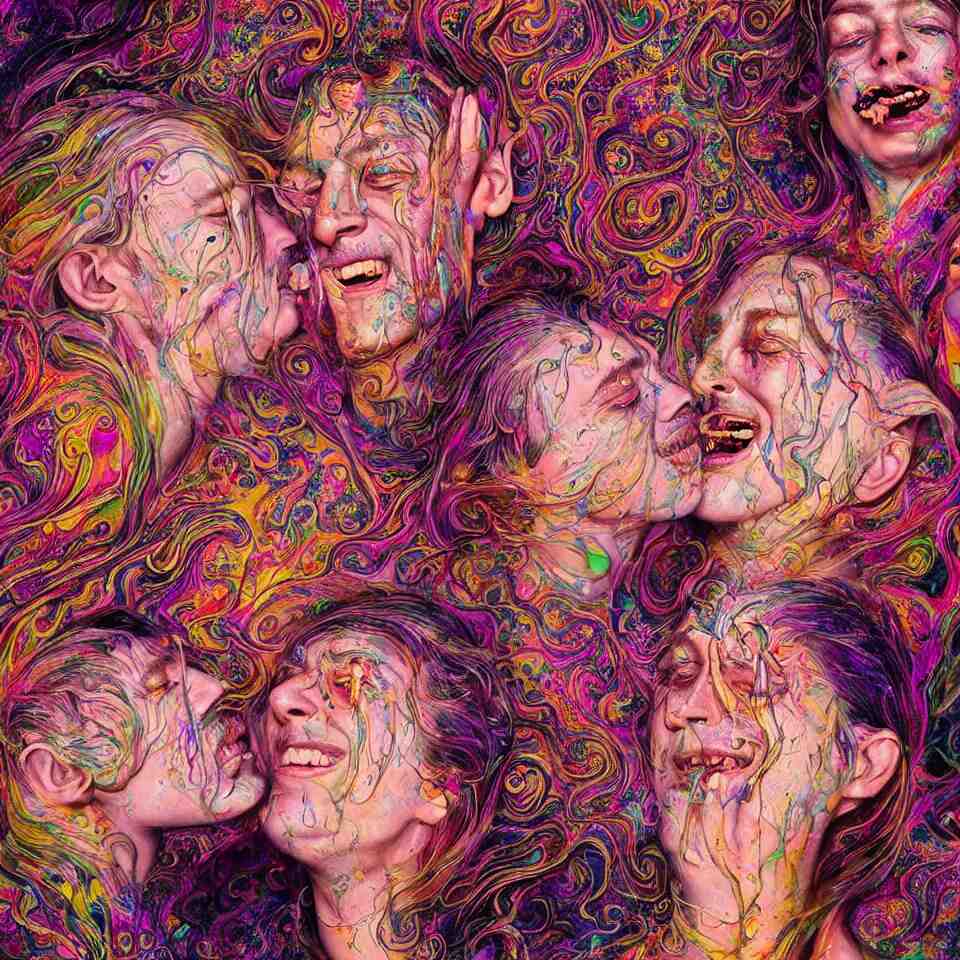 happy psychedelic portrait of friends smoking dmt and becoming gods, smiling and crying, old and young, diffuse lighting, fantasy, intricate, elegant, highly detailed, lifelike, photorealistic, digital painting, artstation, concept art, smooth, sharp focus, art by john collier and albert aublet and jenny saville and artem demura and francis bacon 