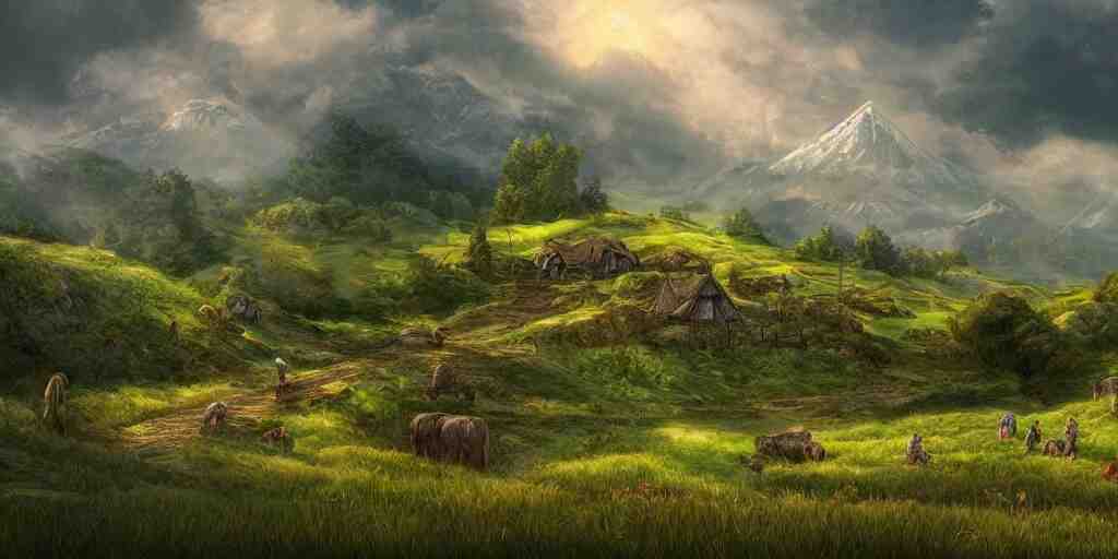 the shire, beautiful scenic landscape, lord of the rings, highly detailed professional digital painting, artstation 