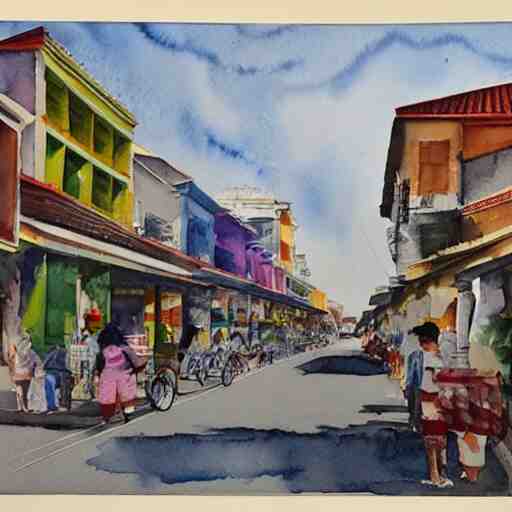 singapore katong shophouses street scene, highly detailed, contemporary watercolor, smooth, by joseph zbikowicz, 8 k 