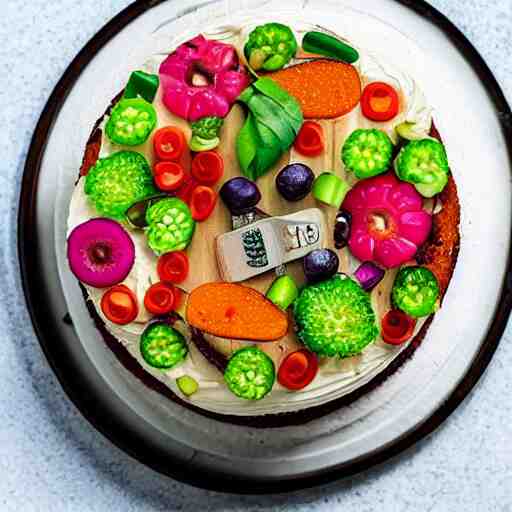 photo of a cake with vegetables toppings 