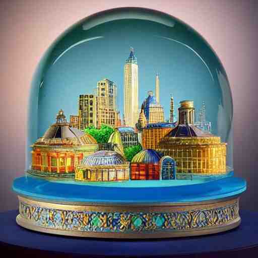 still life painting of a miniature tabletop art deco city under a glass dome, by paulette tavormina and clara peeters and vermeer, cool color - scheme with blues and greens, hyper realistic, detailed, beautiful lighting 