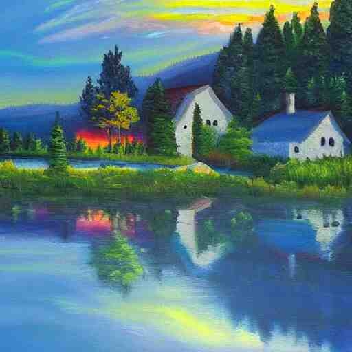 a landscape with a lake in the mountain. sunset. cottage. acrylic painting. 4 k. very detailed. trandint on artstation. masterpiece. shadows. 