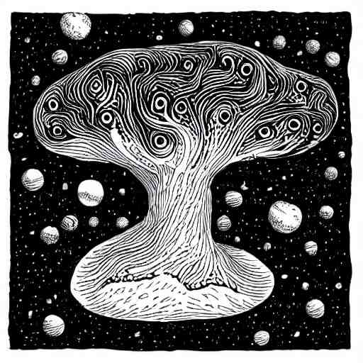 black and white ink doodle illustration of an ancient tree floating in outer space, overgrown with funghi, style by peter deligdisch, peterdraws 