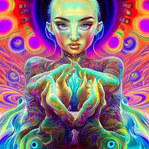 a psychedelic chakra awakening kundalini ethereal portrait of kim petras with her eyes closed transcending to a higher plane of existence, eternal blessing, multiverse, by android jones, by ben ridgeway, by ross draws, by noah bradley, by maciej kuciara, visionary art, oil painting, artgerm, featured on artstation, cgsociety, greg rutkowski 