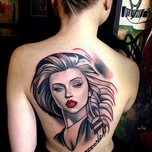 tattoo of Scarlett Johansson, by Loish, back tattoo