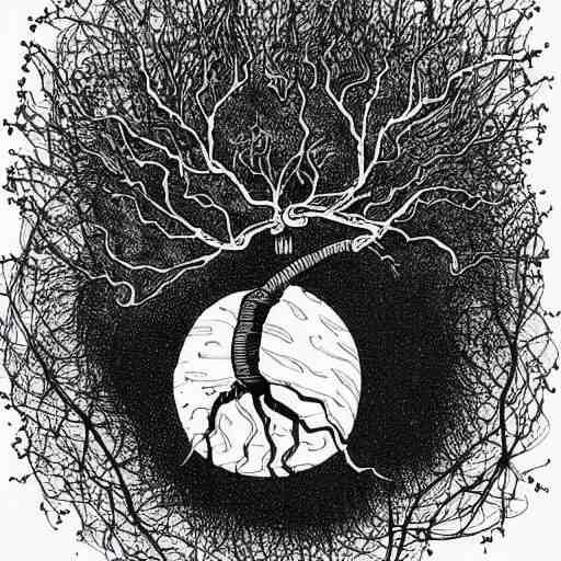 black and white ink doodle illustration of an ancient tree floating in outer space, overgrown with funghi, style by peter deligdisch, peterdraws 