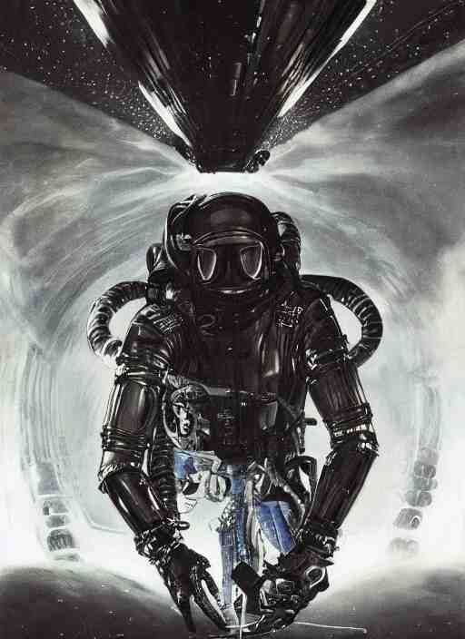 astronauts divers in dark void underwater - complex and hyperdetailed technical suit design. reflection and dispersion materials. rays and dispersion of light. volumetric light. f / 3 2. noise film photo. flash photography. ultra realistic, 5 0 mm. poster by wayne barlowe, hajime sorayama aaron horkey, craig mullins 