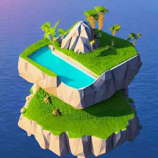 a floating island on an ocean isometric art, low poly art, game art, artstation, 3D render, ultra detailed, cgsociety, unreal engine 5