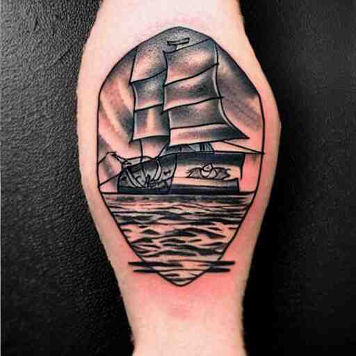 A magical pirate ship tattoo design on white background, hyper realistic shaded tattoo, award winning tattoo