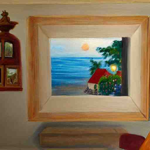 A painting of a cozy cottage with a view of the beach