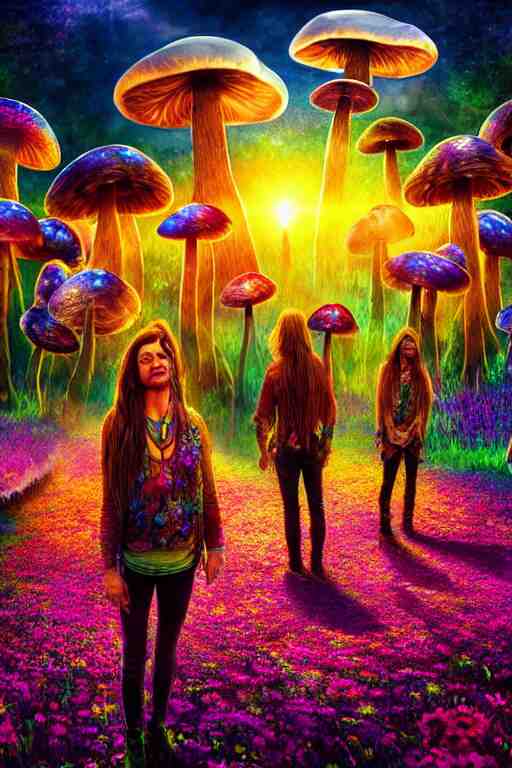 hyperrealistic portrait of melting hippies - epic cinematic mushrooms with psychedelic field of flowers, highly detailed smooth digital art masterpiece, pablo amaringo dramatic low light, ground angle uhd 8 k, sharp focus 