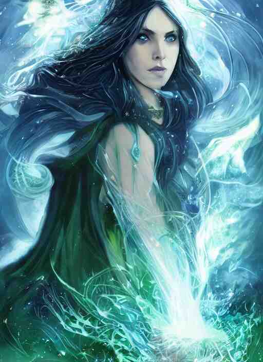 in the style of throne of glass book cover, female magician casting a spell with fireballs in her hands, blue and green magic lights aura, a portal with elvish symbology opened, d & d, fantasy, highly detailed, digital art, trending on artstation, smooth, sharp focus, illustration, art by artgerm and hirokazu yokohara, greg rutkowski, alfonse mucha 