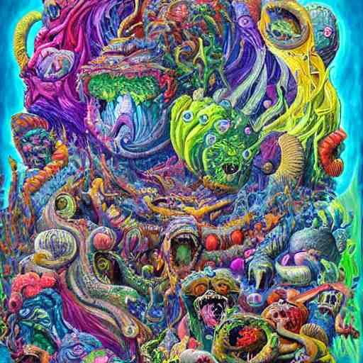 a high hyperdetailed painting with complex textures of a group of deformed monsters united within a larger monster, made of candies and psychotropic psychoactive substances cosmic psychedelic fulcolor spiritual chaos surrealism horror bizarre psycho art 