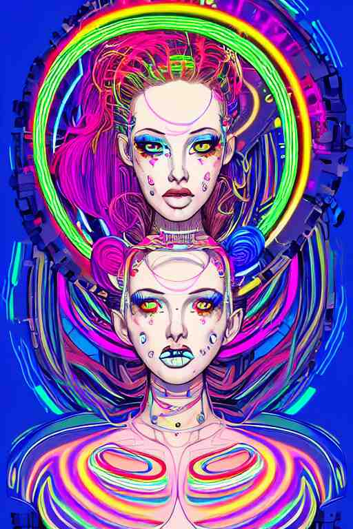 a award winning portrait of a beautiful woman with stunning eyes in a one off shoulder croptop and cargo pants with rainbow colored hair, outlined by whirling illuminated neon lines and fine lines swirling in circles by joe fenton, digital art, trending on artstation 