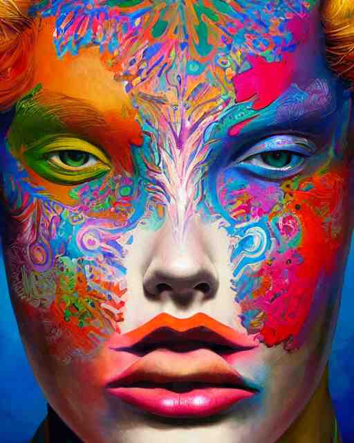 a beautiful girl wearing colourful face paint surrounded by bright intricate patterns, painted by edward hopper, wayne barlowe, painted by james gilleard, airbrush, art by jamesjean 