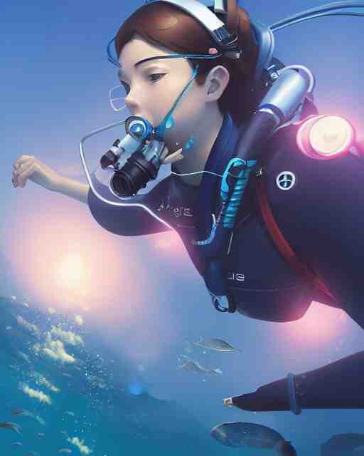 a girl scuba diving in an ocean full of sea life, full shot, atmospheric lighting, detailed face, by makoto shinkai, stanley artgerm lau, wlop, rossdraws 