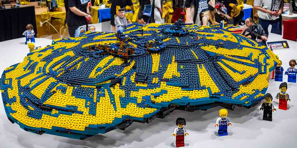 wide shot lens photo of a very intricately detailed and epically shaped 1. 2 5 m long alien lego mothership ufo kit designed by a master builder as displayed at a lego convention. 