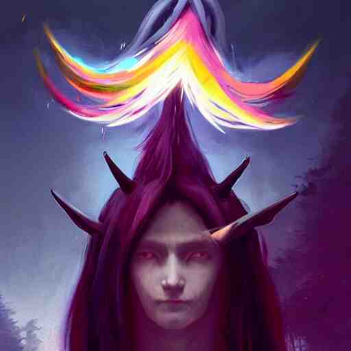 a slender wizard with horned mask levitating inside a wind twister colored like the rainbow, art by greg rutkowski, by ilya kuvshinov, digital art, artstation, detailed, realistic, long hair 