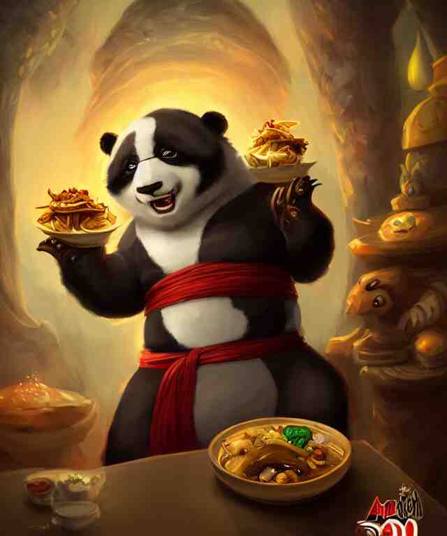 a portrait an anthropomorphic panda mage eating chinese food, wearing mage robes, restaurant in background, cute and adorable, dnd character art portrait, well rendered matte fantasy painting, deviantart artstation, by jason felix by steve argyle by tyler jacobson by peter mohrbacher, cinematic lighting 