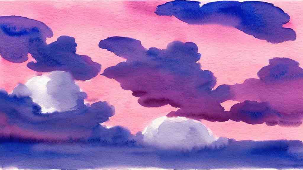 watercolor of a big cumulonimbus cloud on a pink sunset 