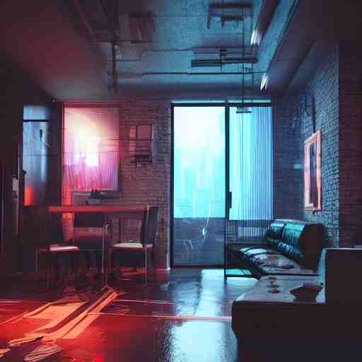 cyberpunk apartment, futuristic, apartment, night, rain, volumetric light, ray traced, photography, behance 