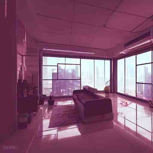 cyberpunk apartment, futuristic, apartment, night, rain, volumetric light, ray traced, photography, behance 