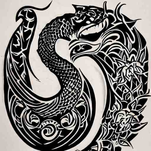 tattoo design, stencil, tattoo stencil, traditional, a cobra with its fangs out surrounded by flowers