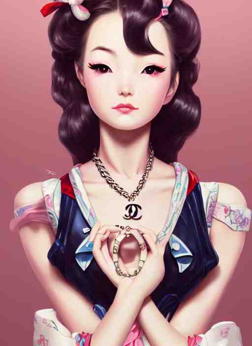 a pin up and beautiful fashion dreamlke japan girl with lv jewelry, character art, art by artgerm, wlop, loish, hyperdetailed, 8 k realistic, symmetrical, global illumination, radiant light, frostbite 3 engine, cryengine, dof, trending on artstation, digital art, chanel, dior, detailed background 