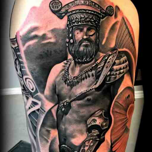 medium shot of a gladiator wearing a galea, tattoo, tattoo art, Black and grey tattoo style