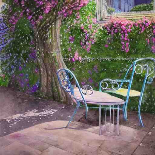 delicate starship, chairs, garden, paved, botanic watercolors, iridescent, 8 k, realistic shaded, fine details, artstation, italian, iron gate, tree, mediterranean, marvelous 