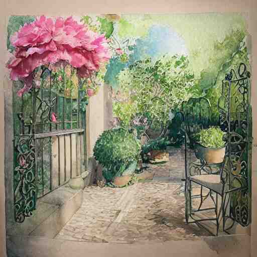 delicate, garden, paved, botanic watercolors, iridescent, 8 k, realistic shaded, fine details, artstation, italian, chairs, iron gate, pine maritime, mediterranean 