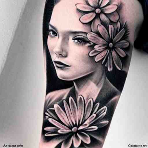 tattoo design, stencil, portrait of a girl by artgerm, symmetrical face, beautiful, daisy flower 