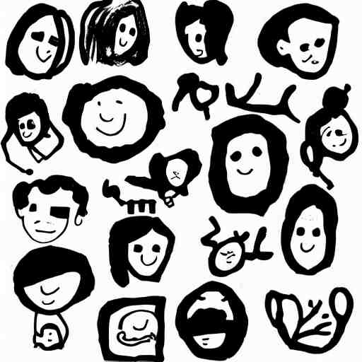 black and white composition of a variety of doodles, drawings, faces, symbols, cartoons, lineart, chinese ink brush 