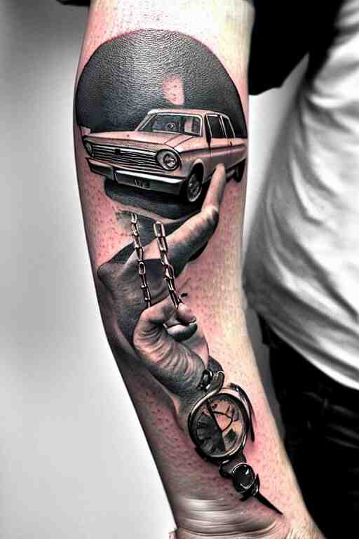 tattoo of lada car in mans hand, realistic, modern, intricate, elegant, highly detailed, digital painting, artstation, concept art, addiction, chains, smooth, sharp focus, illustration, art by ilja repin 