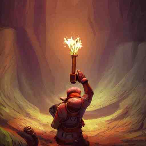 deep underground, an explorer holding up a torch finds a cursed gem. , concept art, trending on artstation 3D.