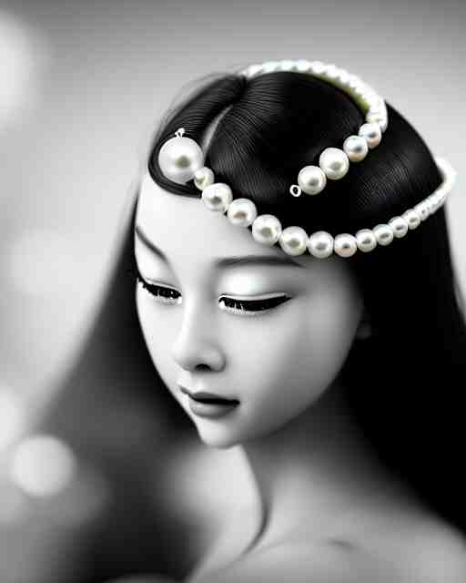 black and white dreamy young beautiful female artificial intelligence, realistic pearl ornament in the face, long hair are intricate with highly detailed realistic pearls, cinematic, rim light, bokeh, photo - realistic, elegant, high detail, 8 k, masterpiece, photo taken in 1 9 3 0 