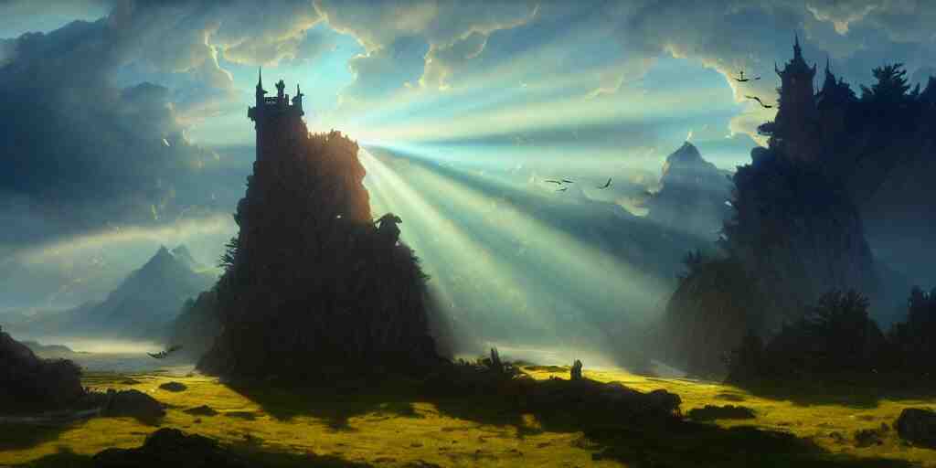 a beautiful fantasy landscape, medieval tower, majestic, god rays, silhouette of a flock of birds in the sky, extremely detailed digital painting, in the style of fenghua zhong and ruan jia and jeremy lipking and peter mohrbacher, mystical colors, rim light, beautiful lighting, 8 k, stunning scene, raytracing, octane, trending on artstation 