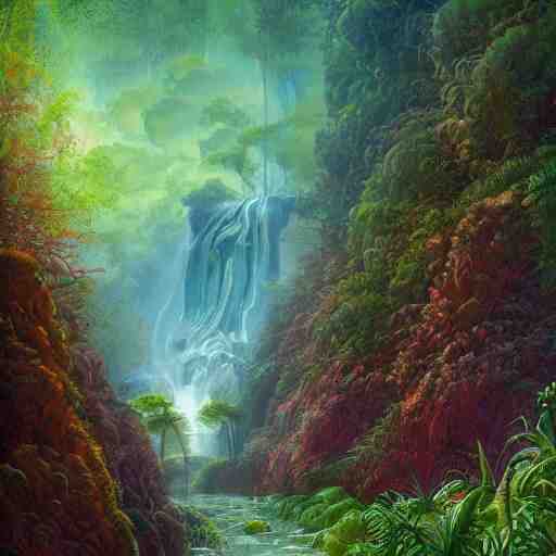 digital painting of a lush wet natural scene on an alien planet by gerald brom. digital render. detailed. beautiful landscape. colourful weird vegetation. 