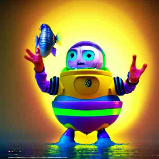 buzz light year without a head!!! with a goldfish swimming inside the visor!!! christi du toit style, octane render, artistic, vibrant colors, award winning, unreal engine, houdini render, studio light 