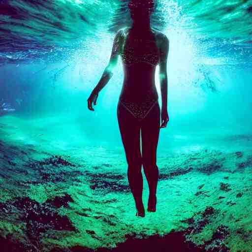 girl with bioluminescent skin swimming underwater