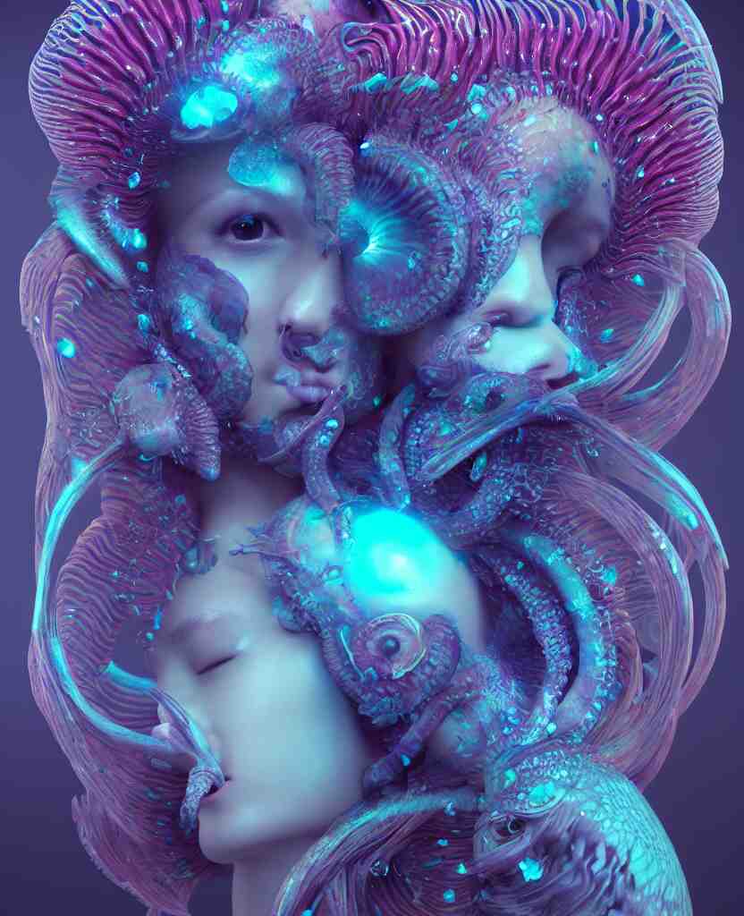 goddess close-up face portrait. chimera orchid jellyfish phoenix head, nautilus, skull, betta fish, bioluminiscent creatures, intricate artwork by Tooth Wu and wlop and beeple. octane render, trending on artstation, greg rutkowski very coherent symmetrical artwork. cinematic, hyper realism, high detail, octane render, 8k