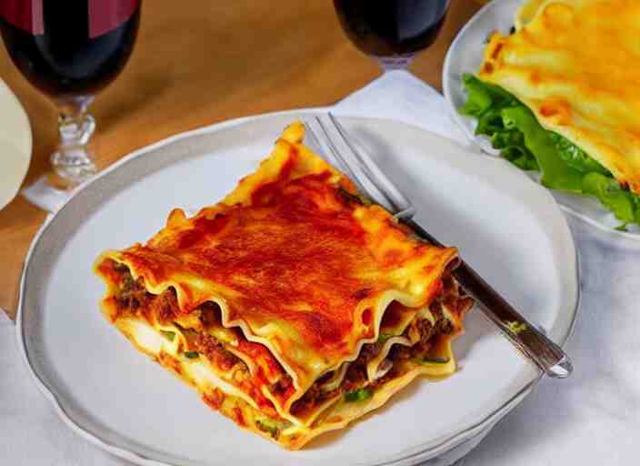 a mouth - watering image of a lasagne, with layers of pasta, vegetables, and a cheesy sauce. the lasagne is served with a side salad and a glass of red wine. the lasagne is served on a white plate with a green salad on the side. the tablecloth is red and there is a glass of red wine next to the plate. the lasagne is made with layers of pasta, vegetables, and a cheesy sauce. the top layer of pasta is golden brown and crispy. the lighting is soft and warm, making the lasagne look even more inviting 