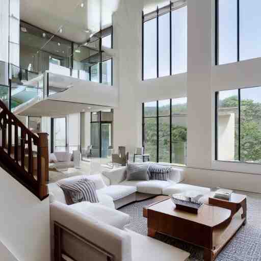 A modern style living room with floor to ceiling glass windows on the left and wooden stairs going upstairs on the right, two white sofas with a white marble table in the center, stairs to the second floor, 8k resolution, professional interior design photograph, wide angle photograph