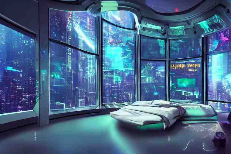 a futuristic bedroom with large curved ceiling high windows looking out to a far future cyberpunk cityscape, cyberpunk neon lights, raining, scifi